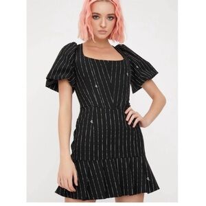 I.AM.GIA Black White Chelsey Pinstripe Short Puff Sleeves‎ Ruffle Hem Dress XS